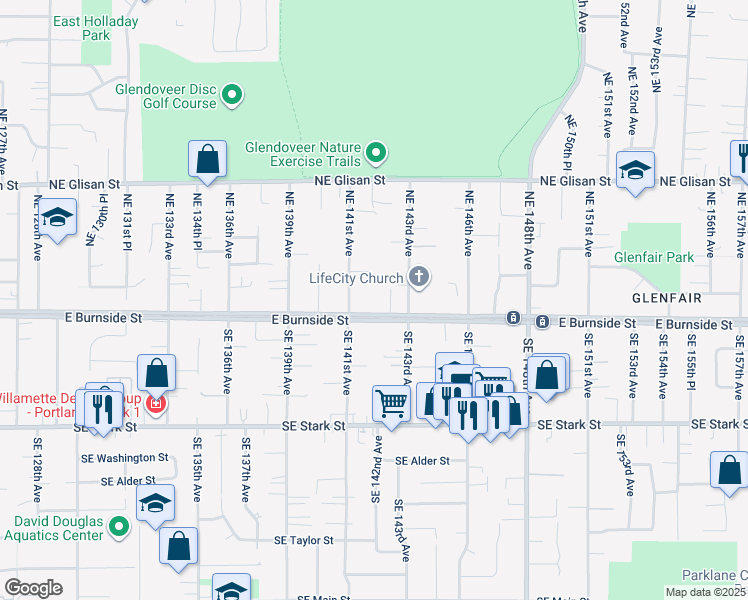 map of restaurants, bars, coffee shops, grocery stores, and more near 14146 Northeast Davis Court in Portland