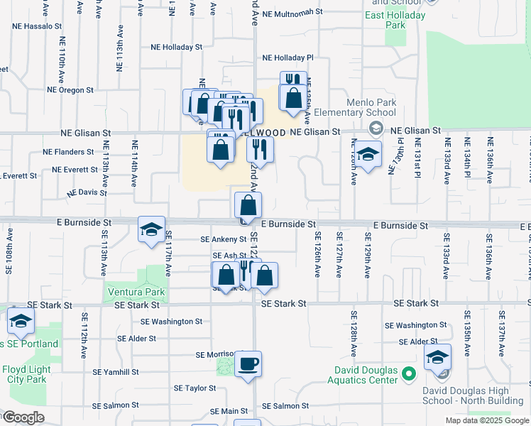 map of restaurants, bars, coffee shops, grocery stores, and more near 122 Northeast 122nd Avenue in Portland