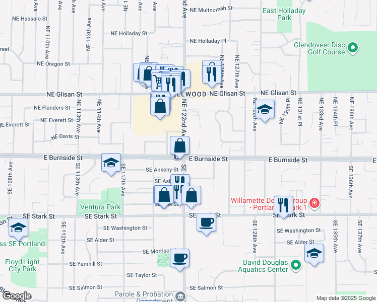 map of restaurants, bars, coffee shops, grocery stores, and more near 203 Northeast 122nd Avenue in Portland