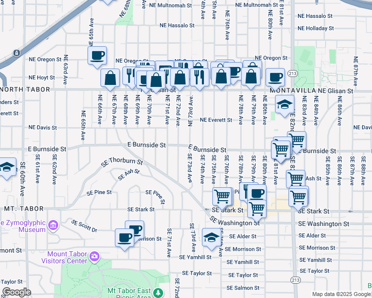 map of restaurants, bars, coffee shops, grocery stores, and more near 21 Northeast 72nd Avenue in Portland