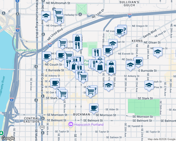 map of restaurants, bars, coffee shops, grocery stores, and more near 80 Northeast 13th Avenue in Portland