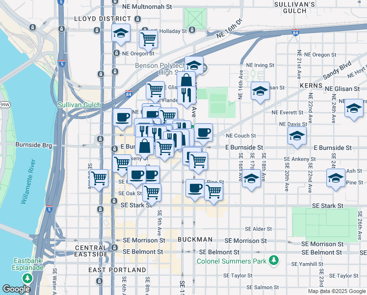 map of restaurants, bars, coffee shops, grocery stores, and more near 1030 Northeast Couch Street in Portland