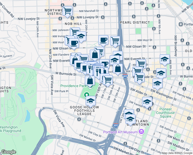 map of restaurants, bars, coffee shops, grocery stores, and more near 1933 West Burnside Street in Portland