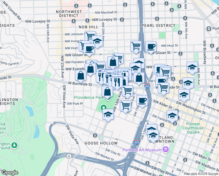 map of restaurants, bars, coffee shops, grocery stores, and more near 1933 West Burnside Street in Portland