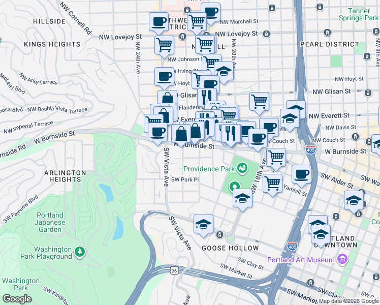 map of restaurants, bars, coffee shops, grocery stores, and more near 2157 West Burnside Street in Portland