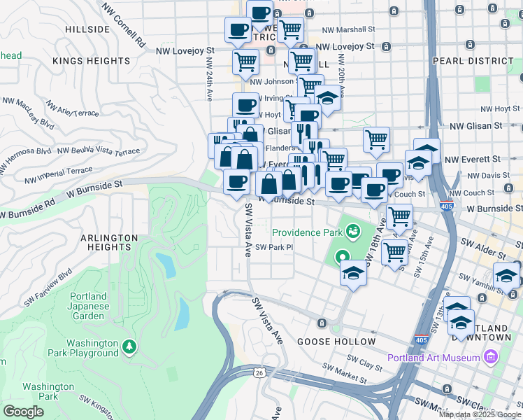 map of restaurants, bars, coffee shops, grocery stores, and more near 2225 West Burnside Street in Portland