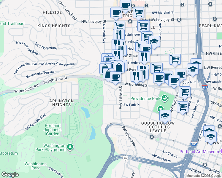 map of restaurants, bars, coffee shops, grocery stores, and more near 2368 West Burnside Street in Portland