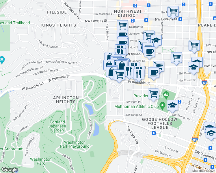map of restaurants, bars, coffee shops, grocery stores, and more near 2368 West Burnside Street in Portland