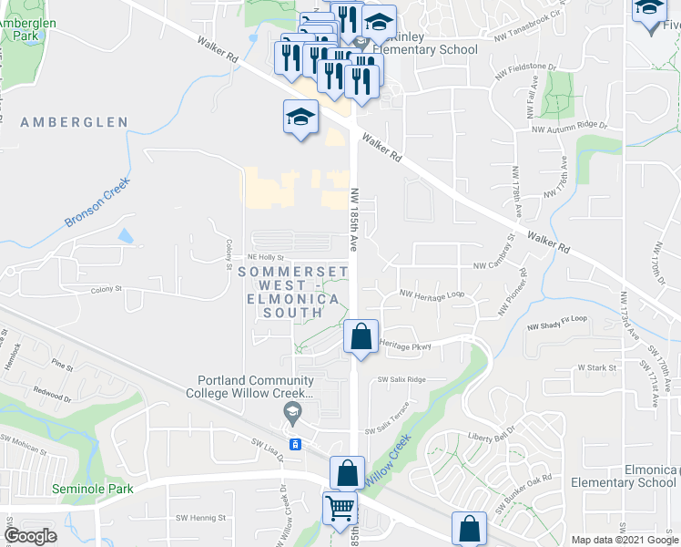 map of restaurants, bars, coffee shops, grocery stores, and more near 485 Northwest 185th Avenue in Hillsboro