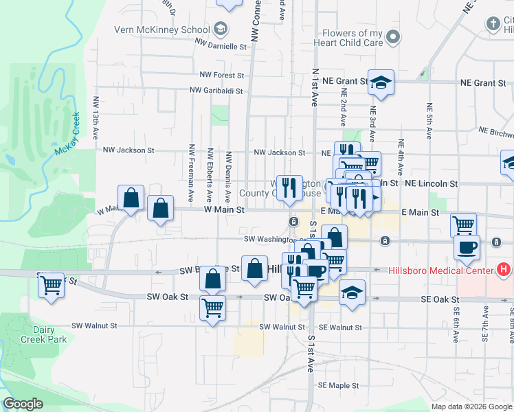 map of restaurants, bars, coffee shops, grocery stores, and more near 146 Northwest Connell Avenue in Hillsboro