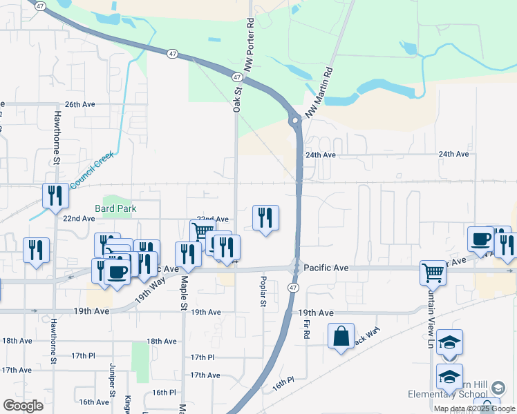 map of restaurants, bars, coffee shops, grocery stores, and more near 2238-2248 Oak Street in Forest Grove