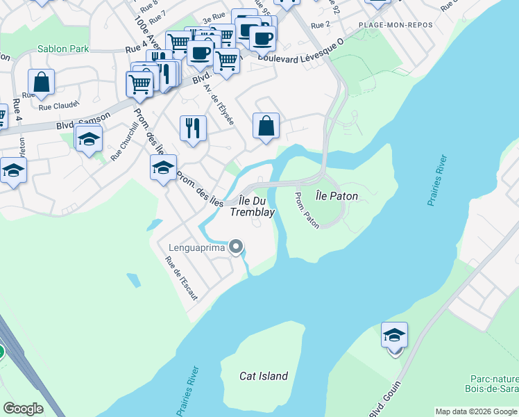 map of restaurants, bars, coffee shops, grocery stores, and more near 2505 Avenue du Havre des Îles in Laval