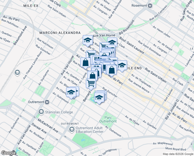 map of restaurants, bars, coffee shops, grocery stores, and more near 1009 Bernard Avenue in Montreal