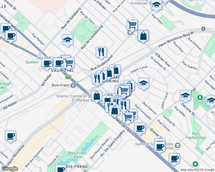 map of restaurants, bars, coffee shops, grocery stores, and more near 2555 Grenet Street in Montreal