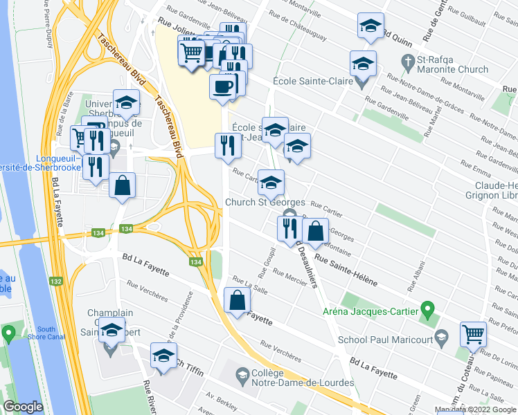 map of restaurants, bars, coffee shops, grocery stores, and more near 648 Rue Préfontaine in Longueuil