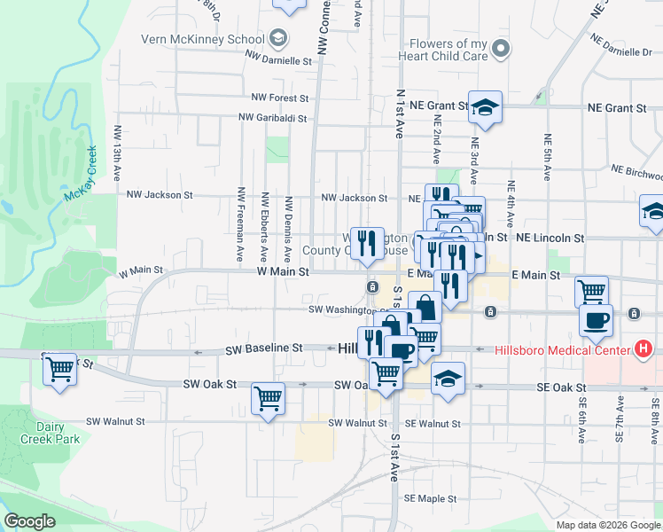 map of restaurants, bars, coffee shops, grocery stores, and more near 301 West Main Street in Hillsboro