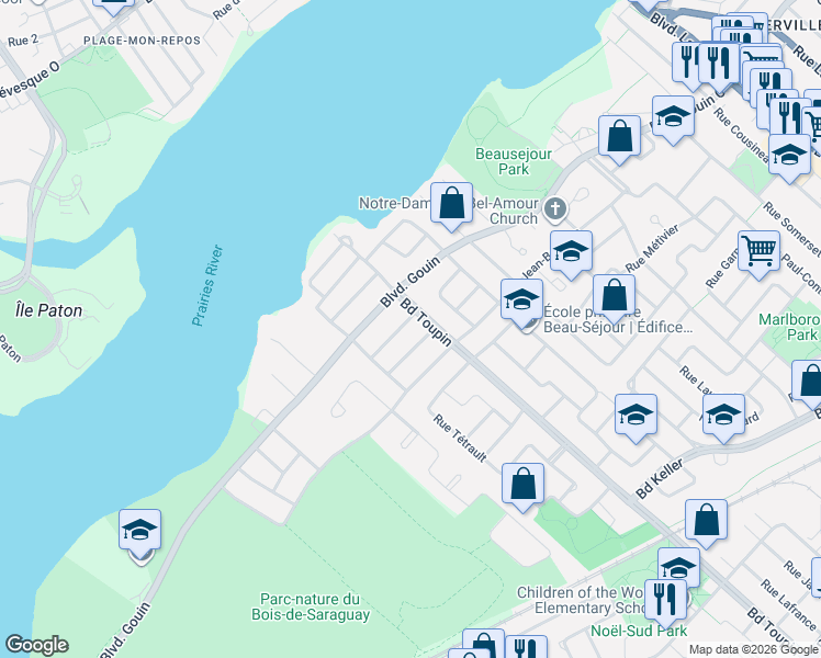 map of restaurants, bars, coffee shops, grocery stores, and more near 7734 Rue de Villebon in Montréal