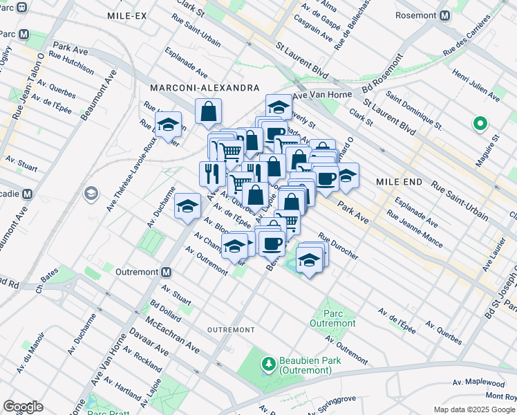 map of restaurants, bars, coffee shops, grocery stores, and more near 719 Avenue Querbes in Montréal