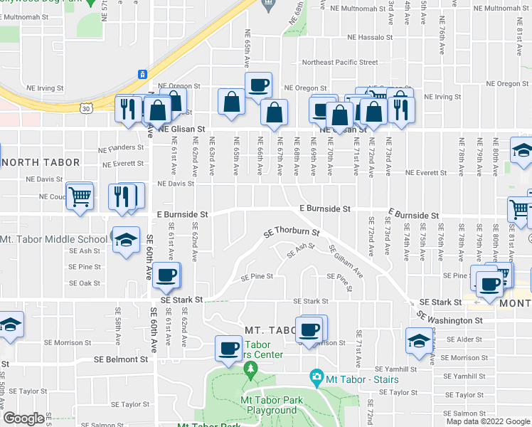 map of restaurants, bars, coffee shops, grocery stores, and more near 6650 East Burnside Street in Portland