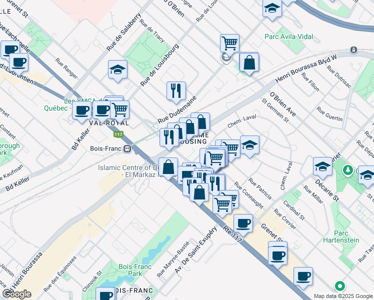 map of restaurants, bars, coffee shops, grocery stores, and more near 4700 Henri Bourassa Boulevard West in Montreal