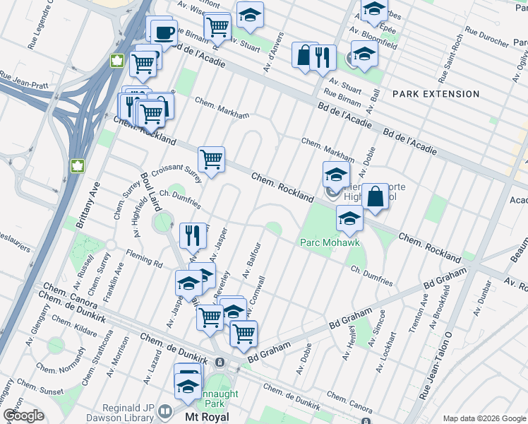 map of restaurants, bars, coffee shops, grocery stores, and more near 1420 Chemin Scarboro in Mont-Royal