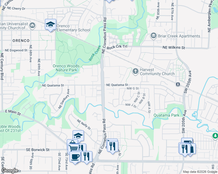 map of restaurants, bars, coffee shops, grocery stores, and more near 21535 Northwest Quatama Road in Hillsboro
