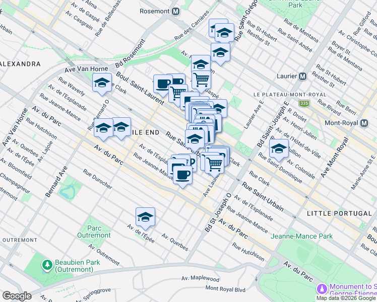 map of restaurants, bars, coffee shops, grocery stores, and more near 5244 Rue Saint-Urbain in Montréal