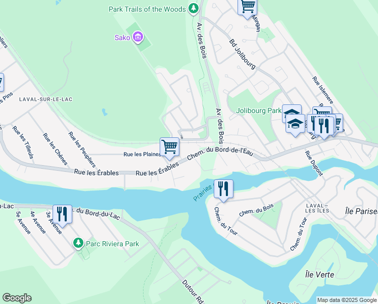 map of restaurants, bars, coffee shops, grocery stores, and more near 1315 Rue Graveline in Laval