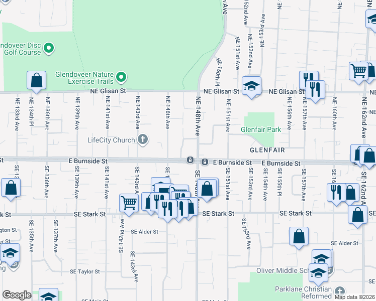 map of restaurants, bars, coffee shops, grocery stores, and more near 109 Northeast 148th Avenue in Portland