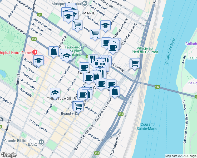 map of restaurants, bars, coffee shops, grocery stores, and more near in Montreal