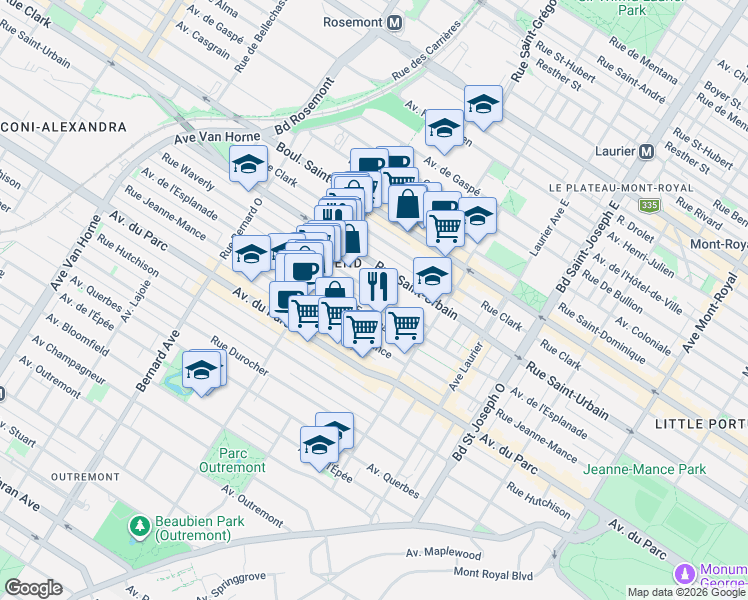 map of restaurants, bars, coffee shops, grocery stores, and more near 5338 Rue Waverly in Montréal