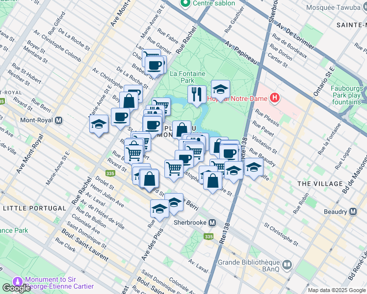 map of restaurants, bars, coffee shops, grocery stores, and more near 3877 Rue de Mentana in Montréal