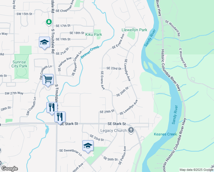 map of restaurants, bars, coffee shops, grocery stores, and more near 2502 Southeast Clark Court in Troutdale
