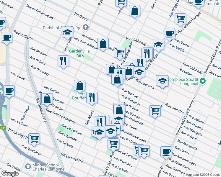map of restaurants, bars, coffee shops, grocery stores, and more near 1137 Rue Westgate in Longueuil
