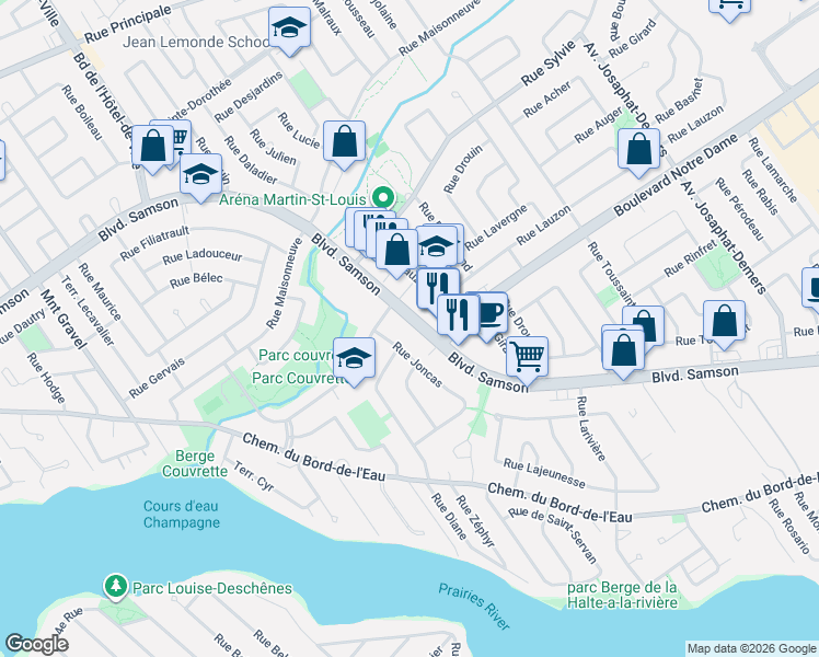 map of restaurants, bars, coffee shops, grocery stores, and more near 346 Boulevard Samson in Laval