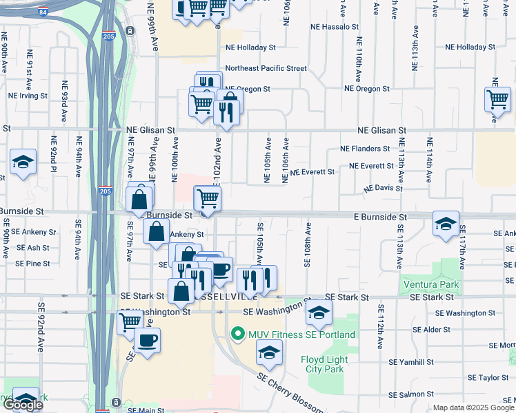 map of restaurants, bars, coffee shops, grocery stores, and more near 10451 East Burnside Street in Portland
