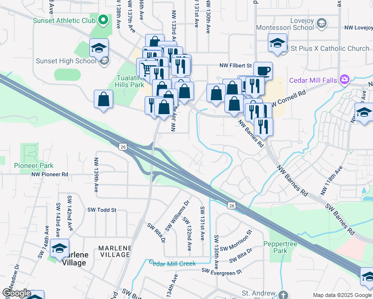 map of restaurants, bars, coffee shops, grocery stores, and more near 13309 Northwest Glenridge Drive in Portland