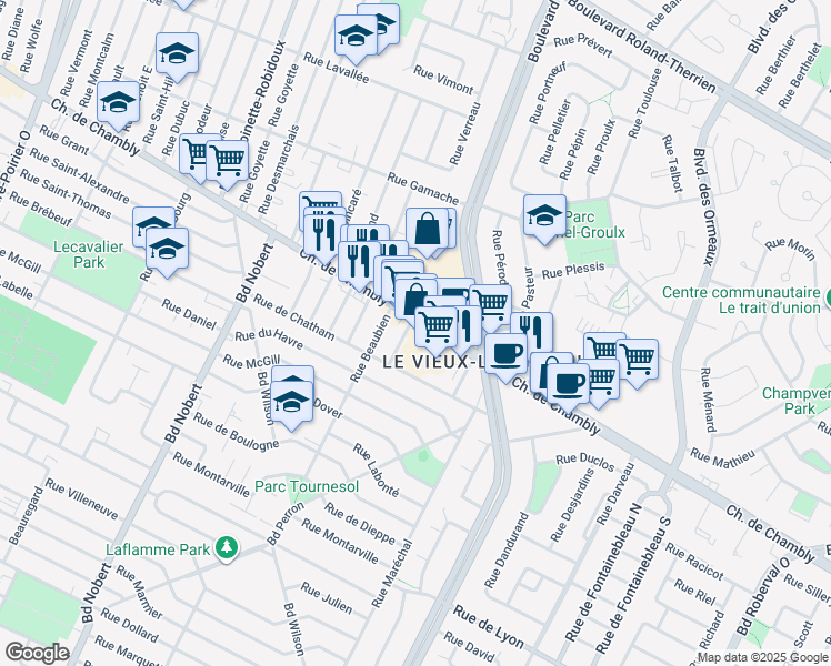 map of restaurants, bars, coffee shops, grocery stores, and more near 2689 Chemin de Chambly in Longueuil