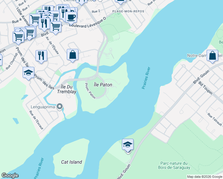 map of restaurants, bars, coffee shops, grocery stores, and more near 4480 Promenade Paton in Montréal