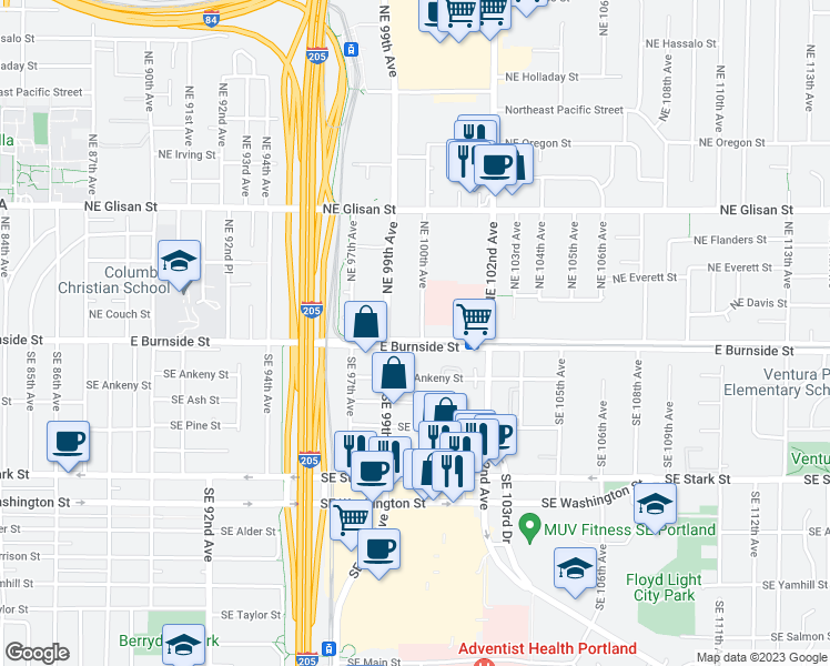 map of restaurants, bars, coffee shops, grocery stores, and more near 11 Northeast 100th Avenue in Portland