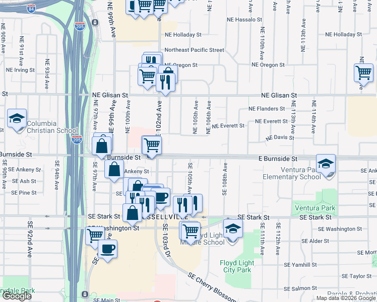 map of restaurants, bars, coffee shops, grocery stores, and more near 10416 Northeast Davis Street in Portland