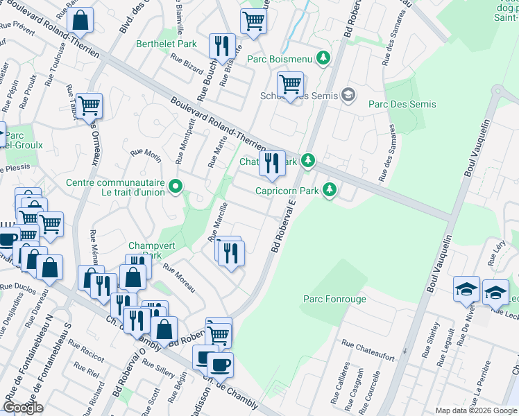 map of restaurants, bars, coffee shops, grocery stores, and more near 2972 Rue Marcille in Longueuil