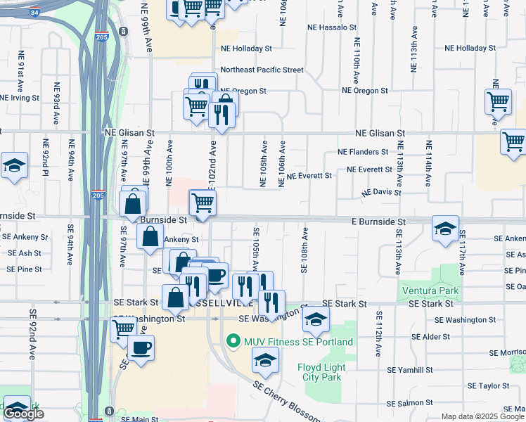 map of restaurants, bars, coffee shops, grocery stores, and more near 10503 East Burnside Street in Portland