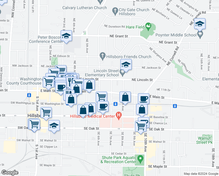 map of restaurants, bars, coffee shops, grocery stores, and more near 125 Northeast 7th Avenue in Hillsboro