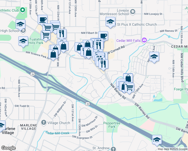 map of restaurants, bars, coffee shops, grocery stores, and more near 12636 Northwest Barnes Road in Portland