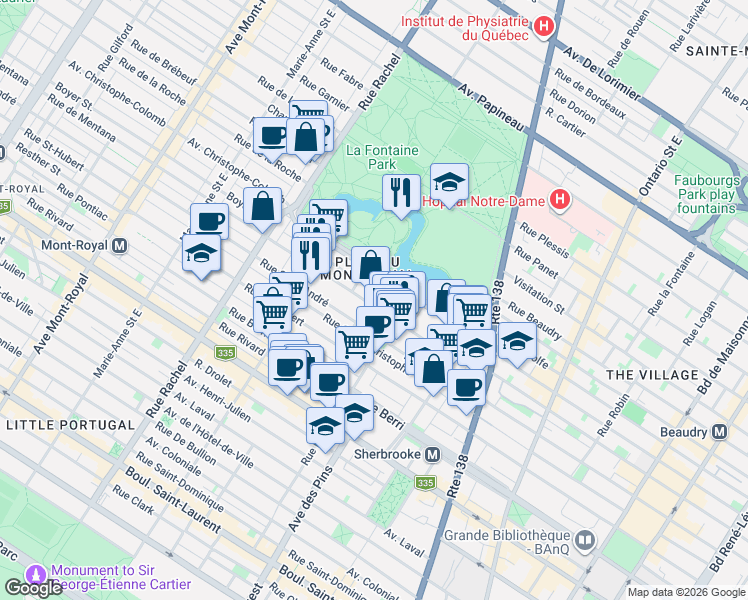map of restaurants, bars, coffee shops, grocery stores, and more near 3885 Rue de Mentana in Montréal