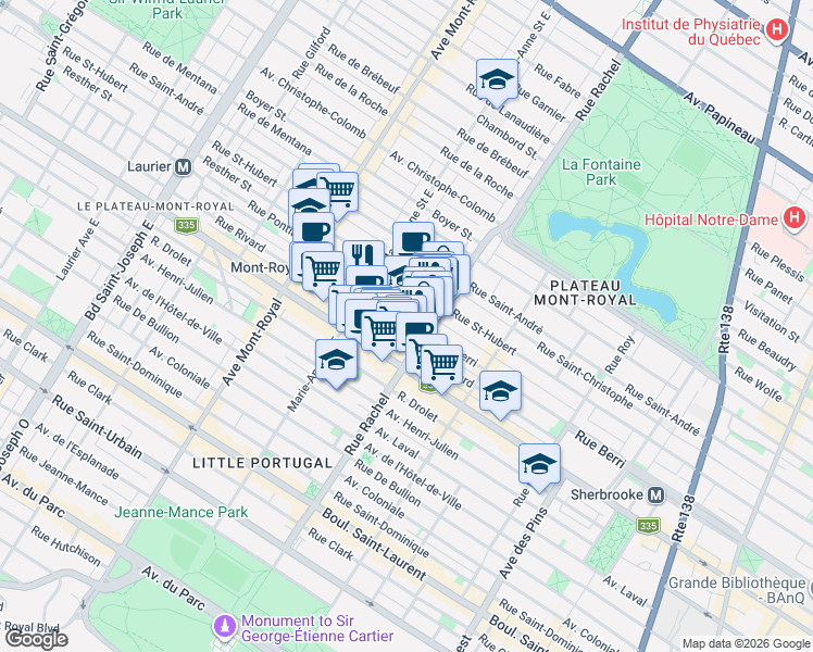map of restaurants, bars, coffee shops, grocery stores, and more near 4232 Rue Berri in Montréal
