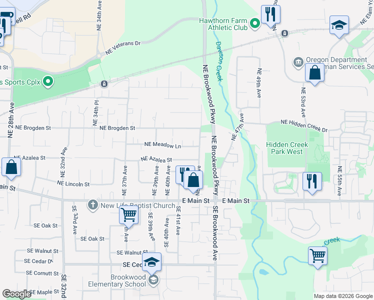 map of restaurants, bars, coffee shops, grocery stores, and more near 4146 Northeast Meadow Lane in Hillsboro