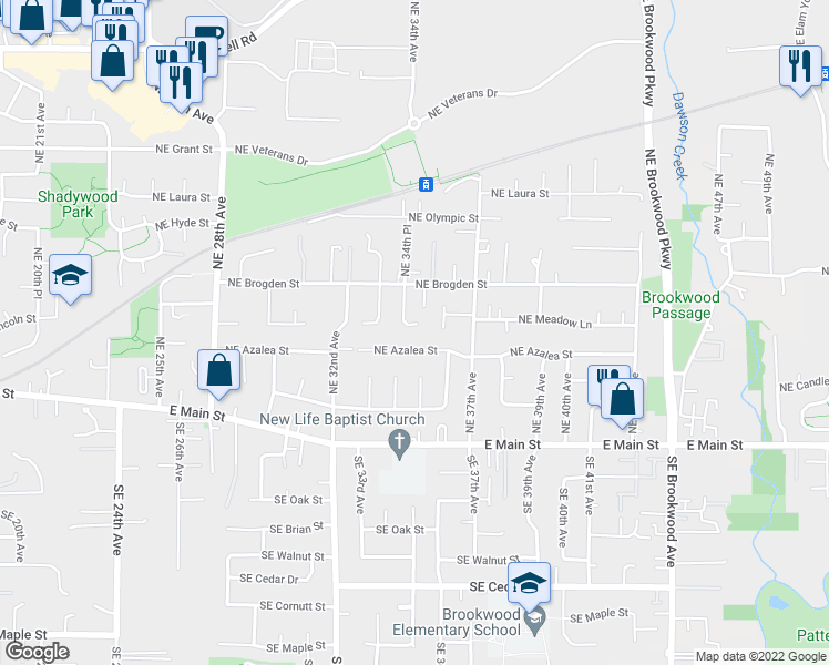map of restaurants, bars, coffee shops, grocery stores, and more near 227 Northeast 34th Place in Hillsboro