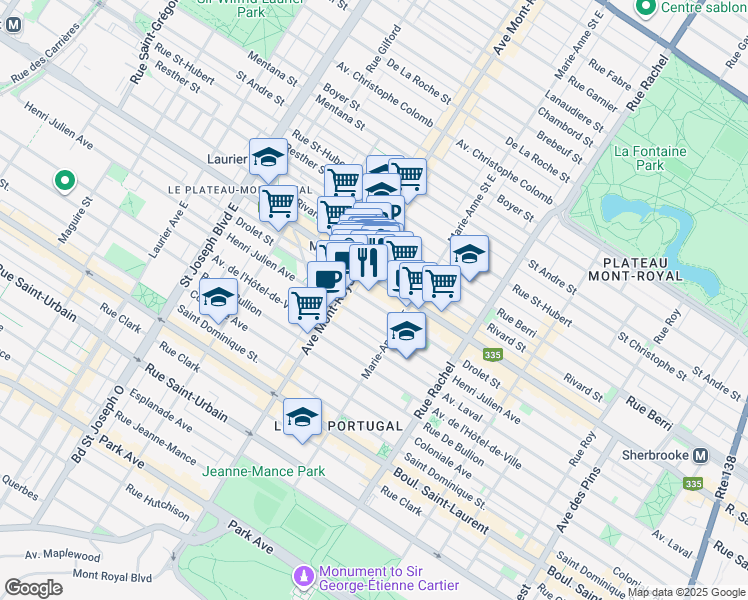 map of restaurants, bars, coffee shops, grocery stores, and more near in Montreal